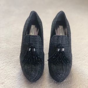 Tweed Black and White Heels with Beaded Tassels